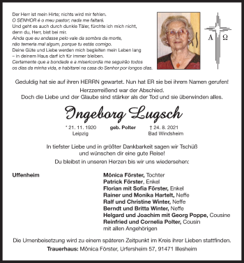 Traueranzeige von Ingeborg Lugsch von Neustadt/ Scheinfeld/ Uffenheim