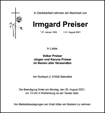 Traueranzeige von Irmgard Preiser von GE