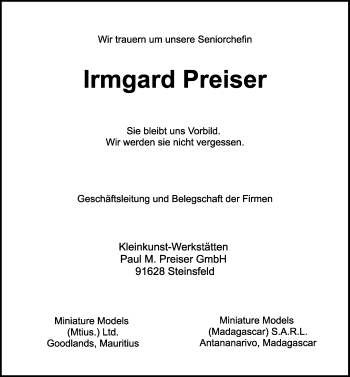 Traueranzeige von Irmgard Preiser von GE