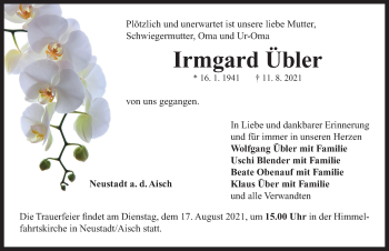 Traueranzeige von Irmgard Übler von Neustadt/ Scheinfeld/ Uffenheim