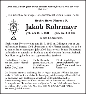 Traueranzeige von Jakob Rohrmayr von Dinkelsbühl/ Feuchtwangen