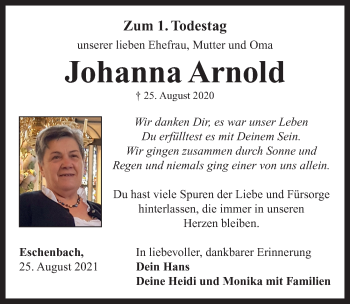 Traueranzeige von Johanna Arnold von Neustadt/ Scheinfeld/ Uffenheim