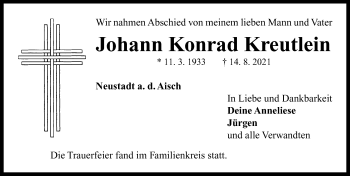 Traueranzeige von Johann Konrad Kreutlein von Neustadt/ Scheinfeld/ Uffenheim