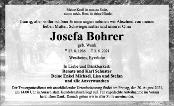 Traueranzeige von Josefa Bohrer von Dinkelsbühl/ Feuchtwangen