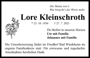 Traueranzeige von Lore Kleinschroth von Neustadt/ Scheinfeld/ Uffenheim