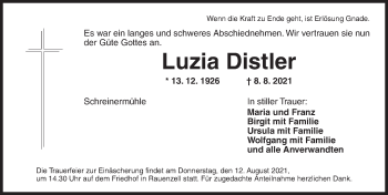 Traueranzeige von Luzia Distler von Ansbach