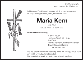 Traueranzeige von Maria Kern von Rothenburg