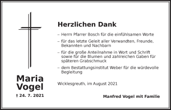 Traueranzeige von Maria Vogel von Ansbach