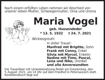 Traueranzeige von Maria Vogel von Ansbach