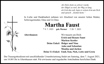 Traueranzeige von Martha Faust von Neustadt/ Scheinfeld/ Uffenheim