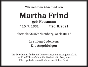 Traueranzeige von Martha Frind von Ansbach