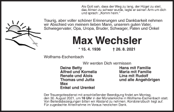 Traueranzeige von Max Wechsler von Ansbach