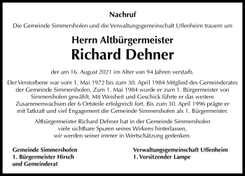 Traueranzeige von Richard Dehner von Neustadt/ Scheinfeld/ Uffenheim