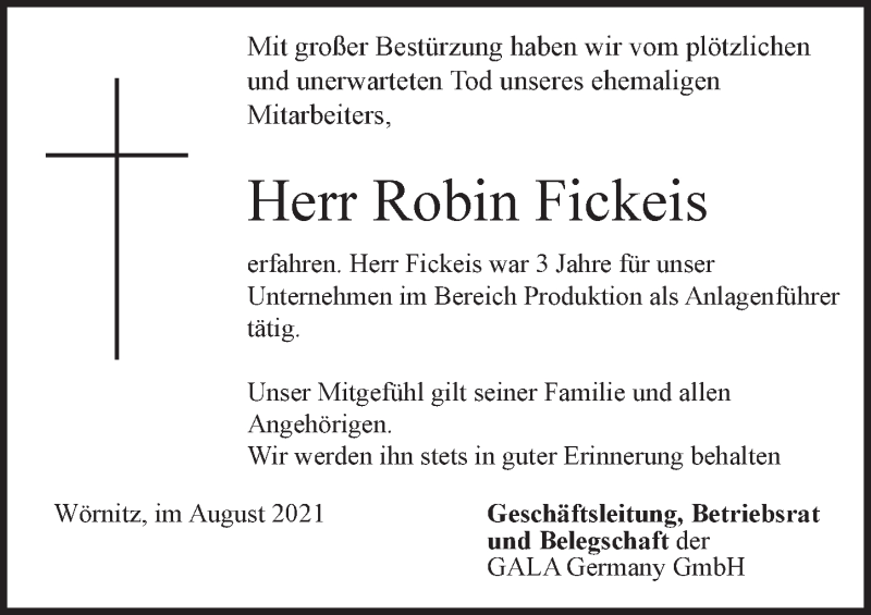  Traueranzeige für Robin Fickeis vom 28.08.2021 aus Rothenburg