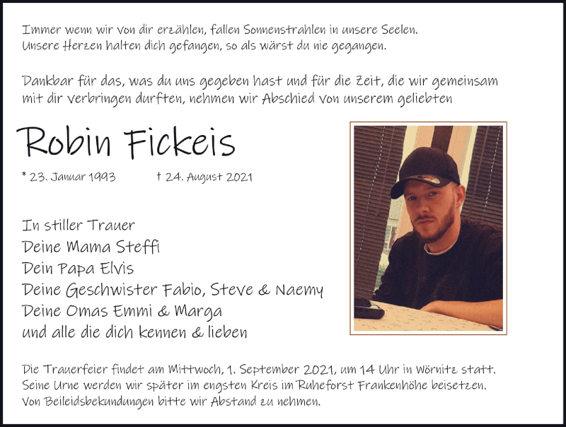  Traueranzeige für Robin Fickeis vom 28.08.2021 aus Dinkelsbühl/ Feuchtwangen