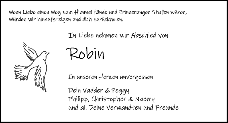  Traueranzeige für Robin Fickeis vom 28.08.2021 aus Rothenburg