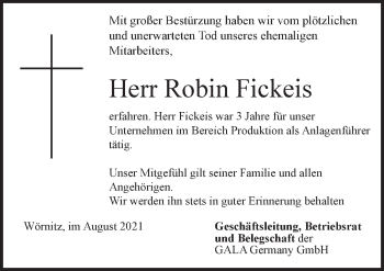 Traueranzeige von Robin Fickeis von Rothenburg