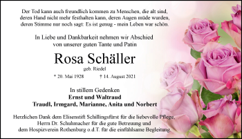 Traueranzeige von Rosa Schäller von Rothenburg