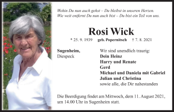 Traueranzeige von Rosi Wick von Neustadt/ Scheinfeld/ Uffenheim