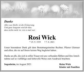 Traueranzeige von Rosi Wick von Neustadt/ Scheinfeld/ Uffenheim