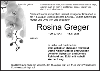 Traueranzeige von Rosina Greger von Rothenburg