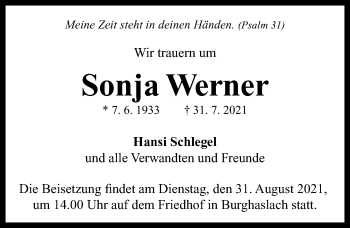 Traueranzeige von Sonja Werner von Neustadt/ Scheinfeld/ Uffenheim