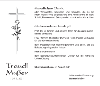 Traueranzeige von Traudl Mußer von Dinkelsbühl/ Feuchtwangen