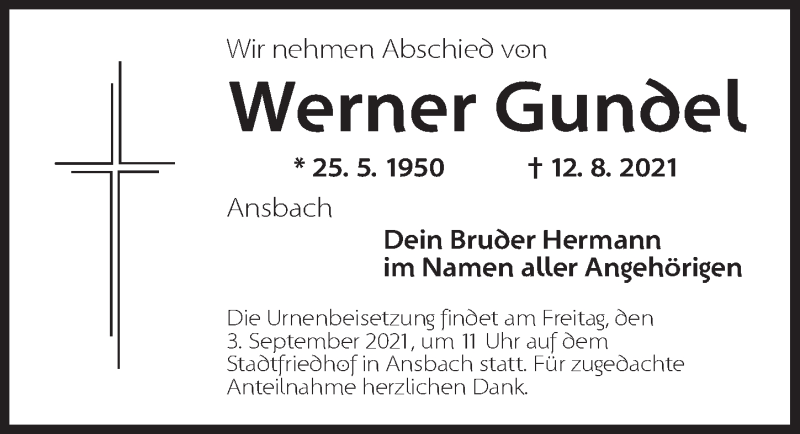  Traueranzeige für Werner Gundel vom 28.08.2021 aus Ansbach
