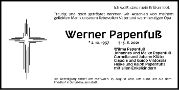 Traueranzeige von Werner Papenfuß von Ansbach