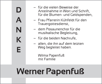 Traueranzeige von Werner Papenfuß von Ansbach