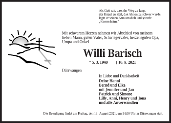 Traueranzeige von Willi Barisch von Dinkelsbühl/ Feuchtwangen