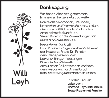 Traueranzeige von Willi Leyh von Dinkelsbühl/ Feuchtwangen