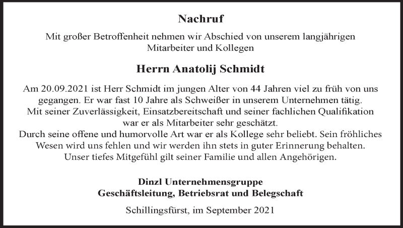  Traueranzeige für Anatolij Schmidt vom 24.09.2021 aus Rothenburg