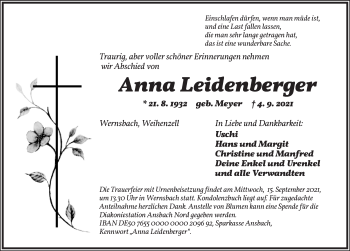 Traueranzeige von Anna Leidenberger von Ansbach