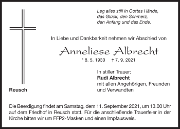 Traueranzeige von Anneliese Albrecht von Neustadt/ Scheinfeld/ Uffenheim