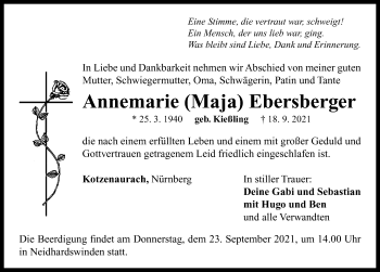 Traueranzeige von Annemarie Ebersberger von Neustadt/ Scheinfeld/ Uffenheim