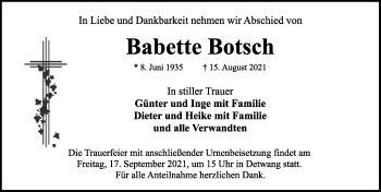 Traueranzeige von Babette Botsch von Rothenburg