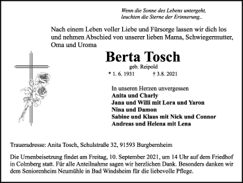 Traueranzeige von Berta Tosch von Ansbach