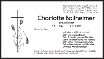 Traueranzeige von Charlotte Ballheimer von Dinkelsbühl/ Feuchtwangen