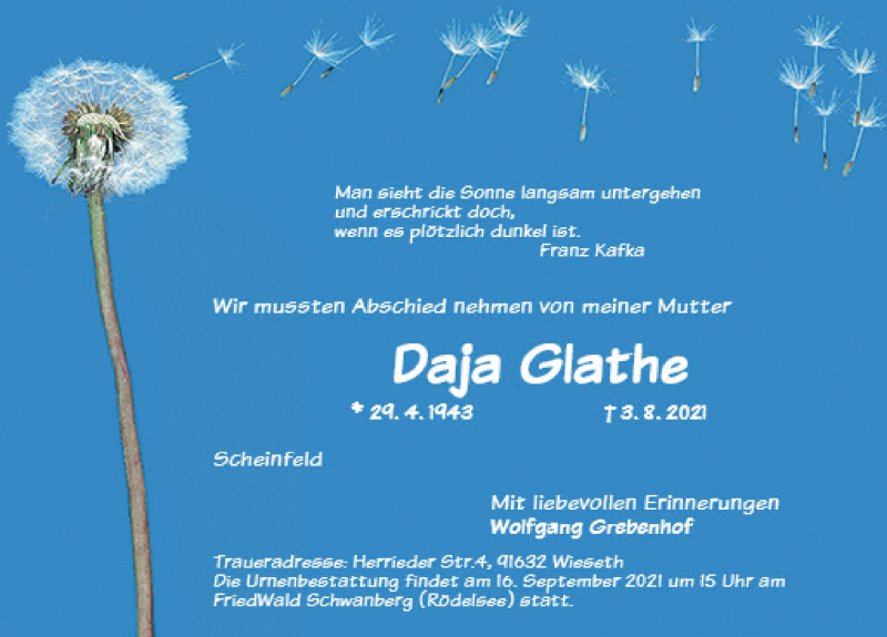  Traueranzeige für Daja Glathe vom 14.09.2021 aus Neustadt/ Scheinfeld/ Uffenheim