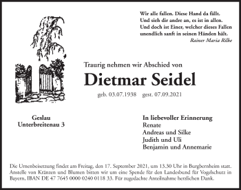 Traueranzeige von Dietmar Seidel von Rothenburg