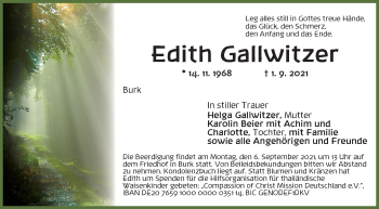 Traueranzeige von Edith Gallwitzer von Ansbach