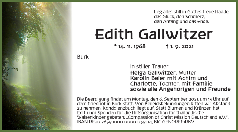  Traueranzeige für Edith Gallwitzer vom 04.09.2021 aus Ansbach