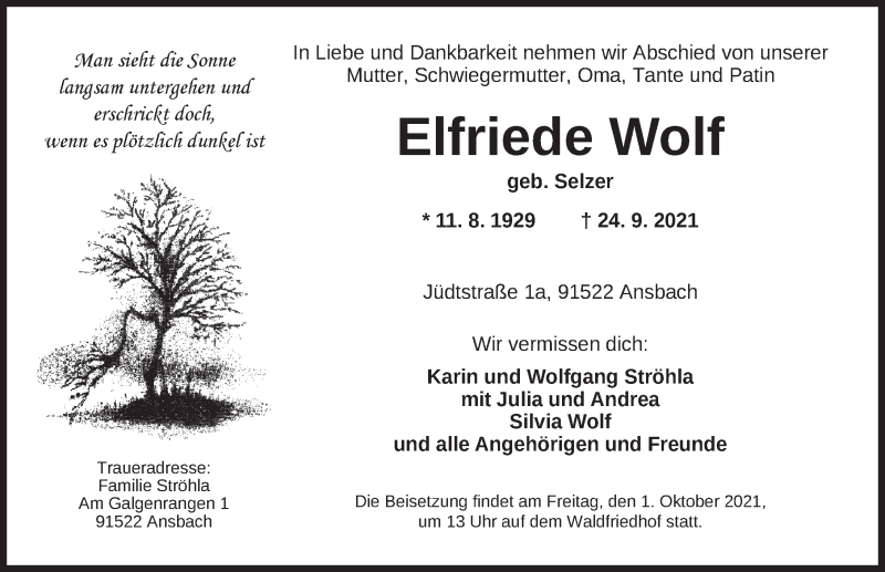  Traueranzeige für Elfriede Wolf vom 28.09.2021 aus Ansbach