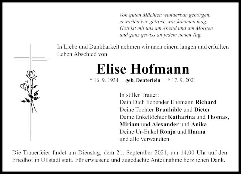  Traueranzeige für Elise Hofmann vom 20.09.2021 aus Neustadt/ Scheinfeld/ Uffenheim