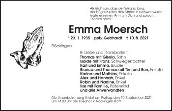 Traueranzeige von Emma Moersch von Dinkelsbühl/ Feuchtwangen