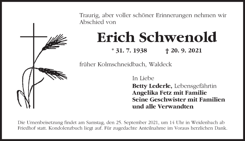  Traueranzeige für Erich Schwenold vom 23.09.2021 aus Ansbach