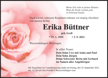 Traueranzeige von Erika Büttner von Dinkelsbühl/ Feuchtwangen