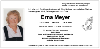 Traueranzeige von Erna Meyer von Ansbach