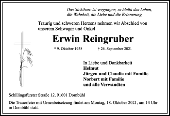 Traueranzeige von Erwin Reingruber von Rothenburg